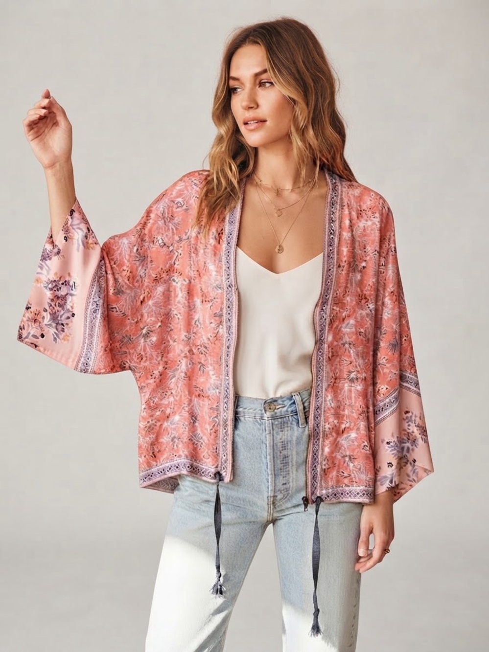Free People Wildflower Zip-Up Kimono Jacket Coral Pink Boho XS/S